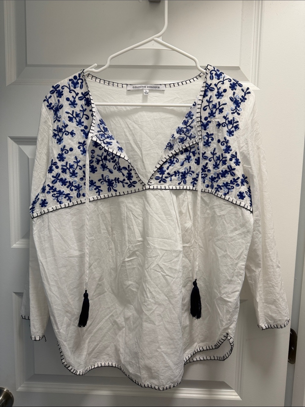 Collective Concepts White Tunic with Blue Embroidered Yoke